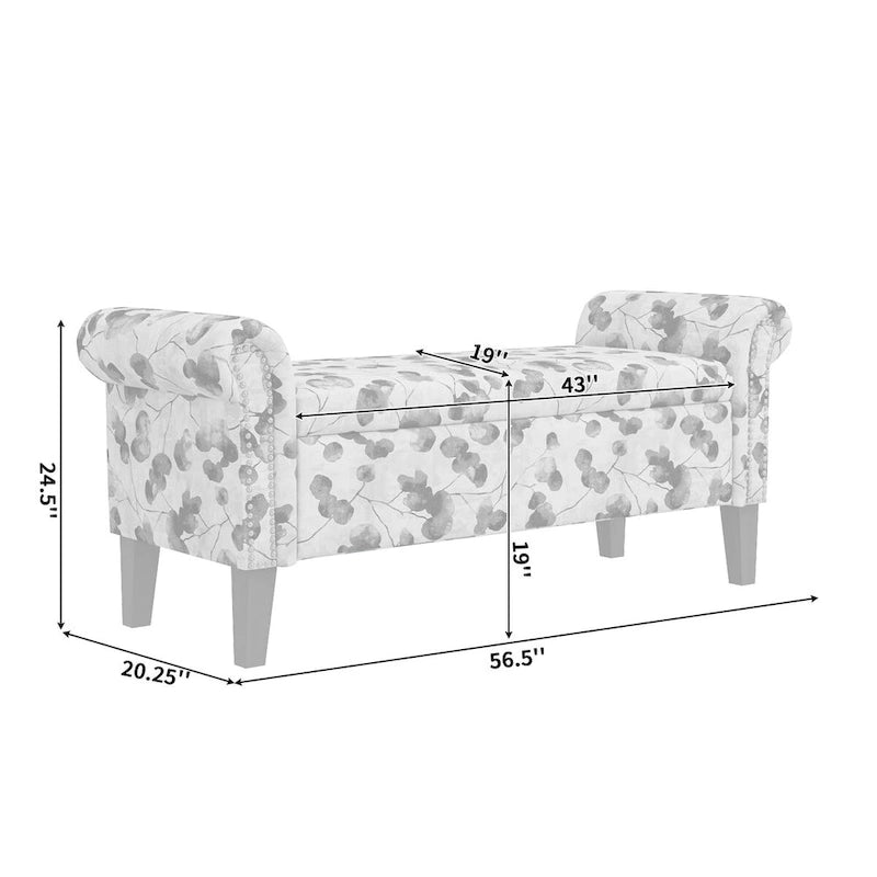 Floral Traditional Storage Bench Ottoman with Rolled Arms