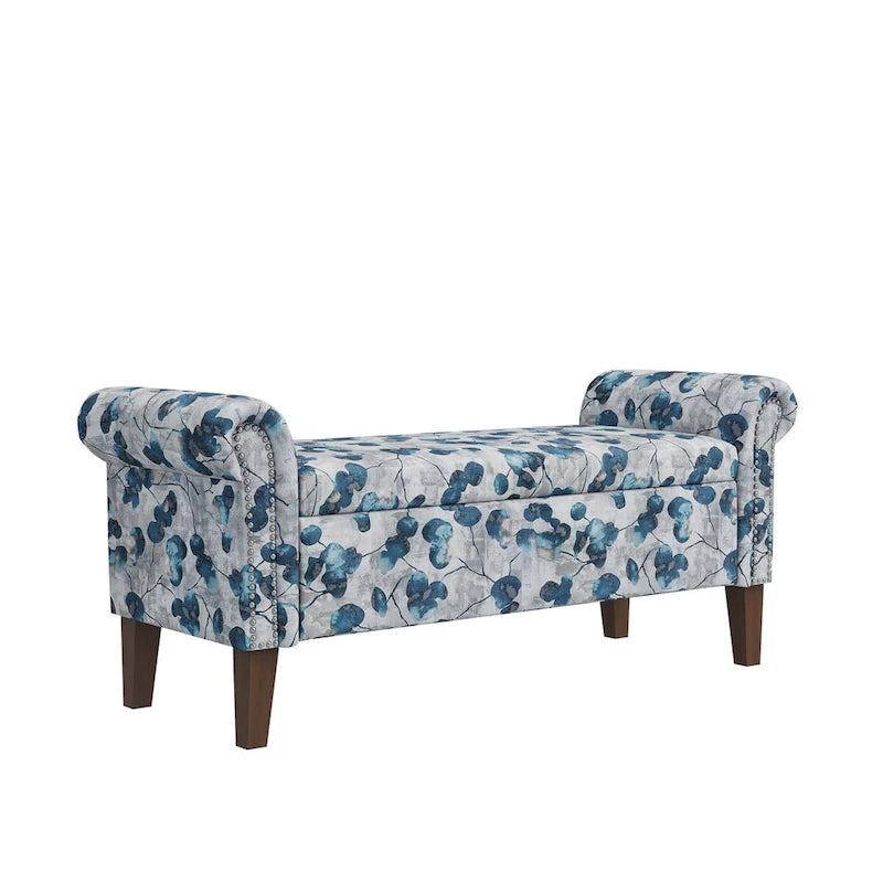 Floral Traditional Storage Bench Ottoman with Rolled Arms