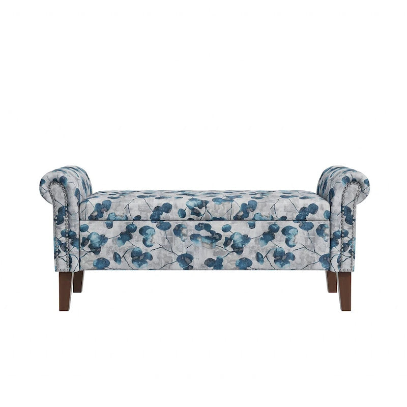 Floral Traditional Storage Bench Ottoman with Rolled Arms