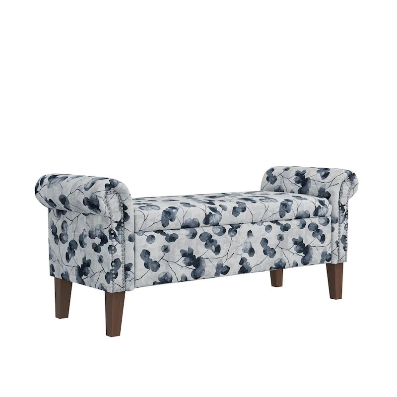 Floral Traditional Storage Bench Ottoman with Rolled Arms