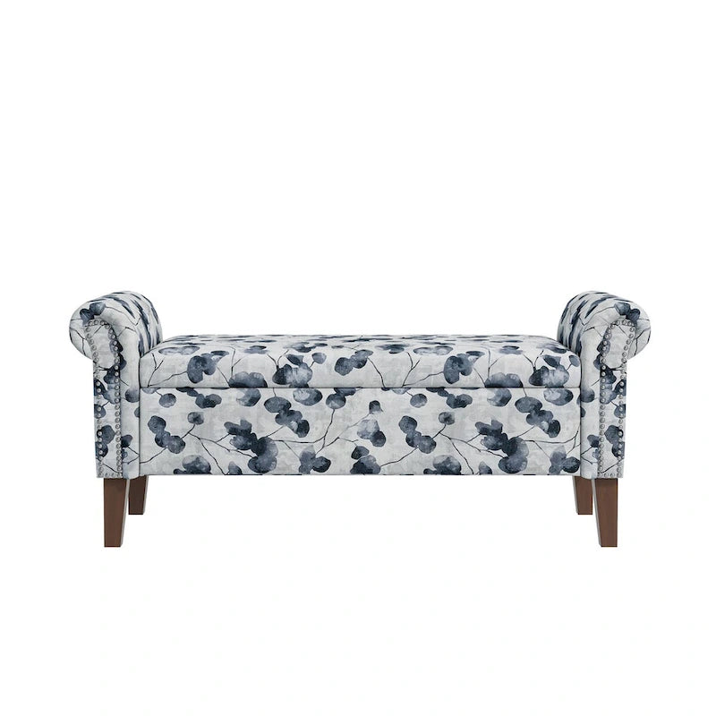 Floral Traditional Storage Bench Ottoman with Rolled Arms