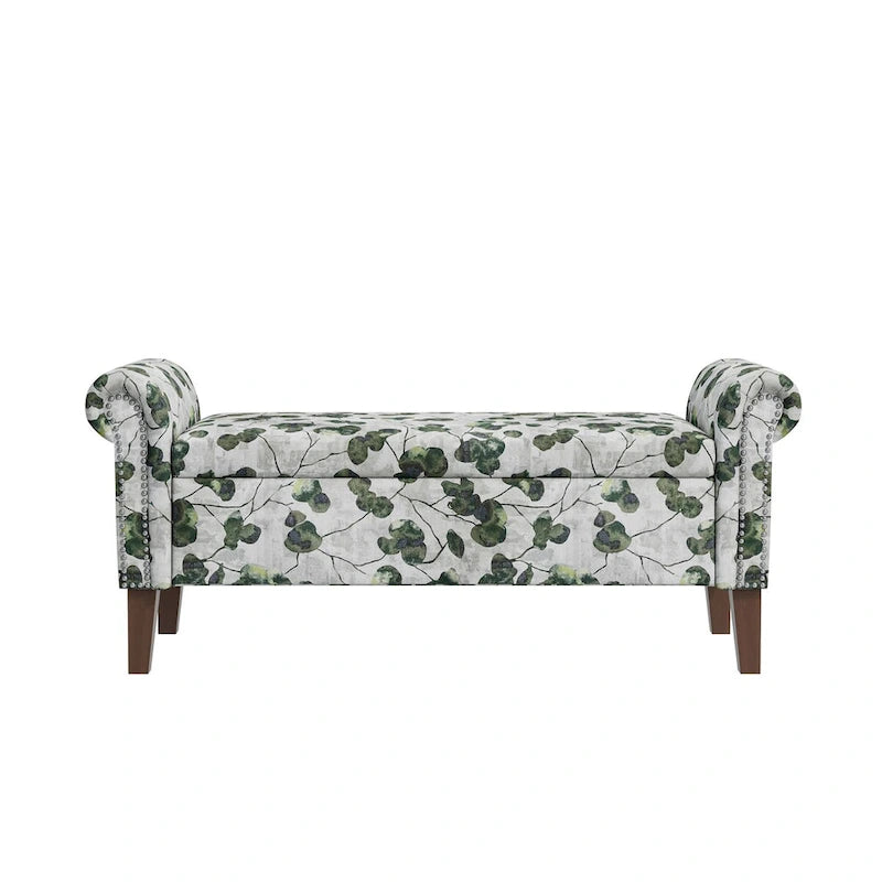 Floral Traditional Storage Bench Ottoman with Rolled Arms