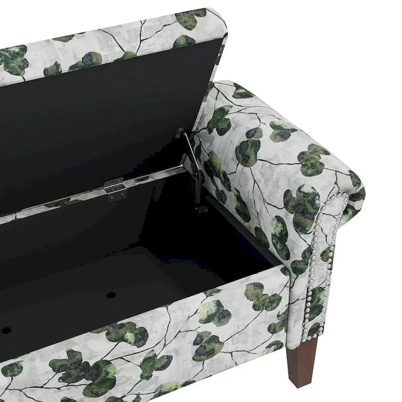Floral Traditional Storage Bench Ottoman with Rolled Arms