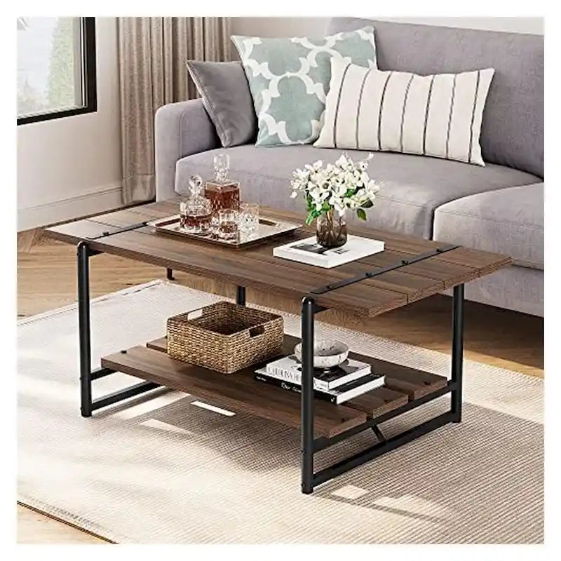 2-Tier Farmhouse 41 Large Wood Coffee Table with Shelf