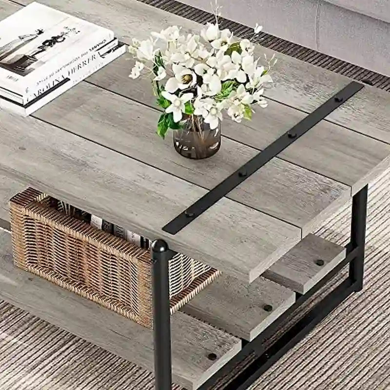 2-Tier Farmhouse 41 Large Wood Coffee Table with Shelf