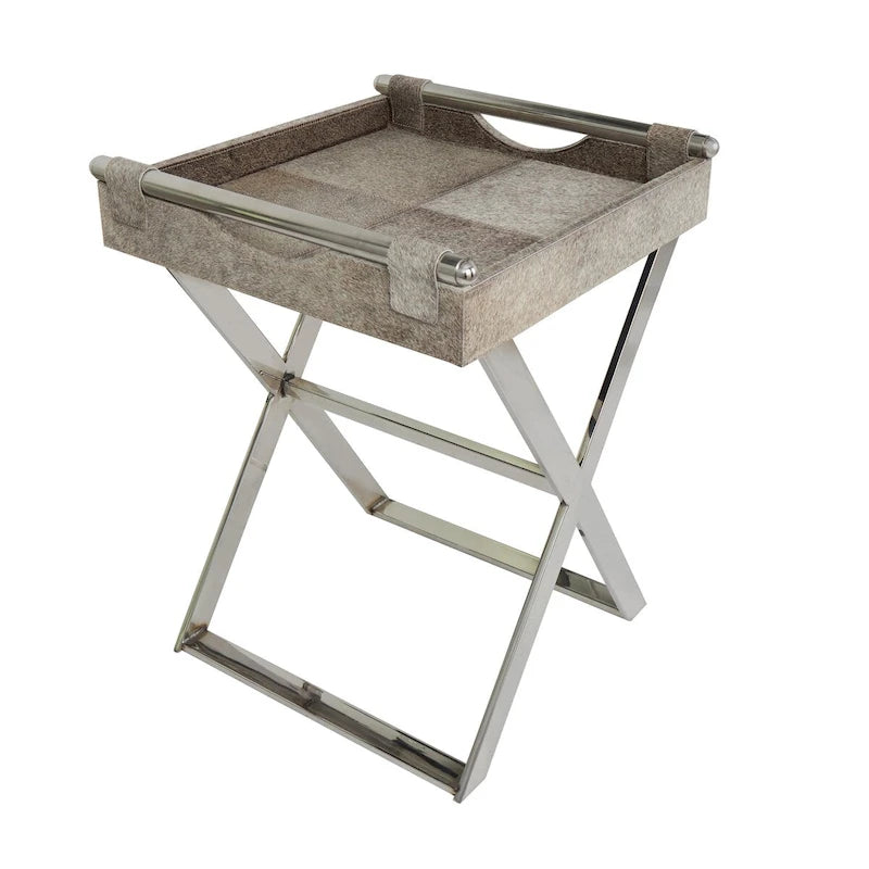 Leather Tray Table Side End Accent Table with Diagonal Silver Legs and Handles - Grey - Roche River Decor