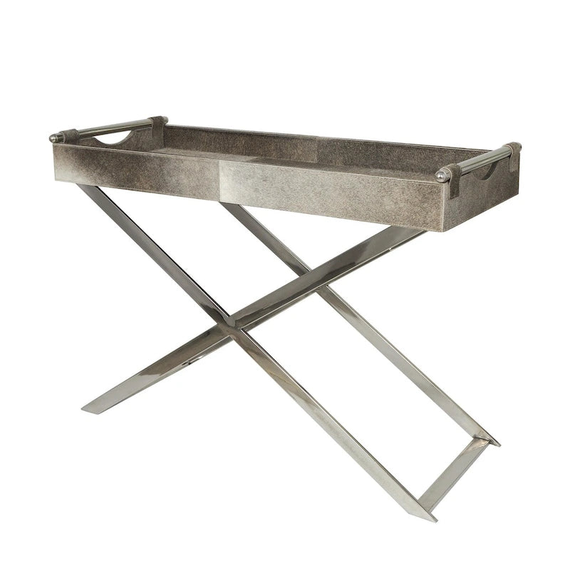Leather Tray Table Side End Accent Table with Diagonal Silver Legs and Handles - Grey - Roche River Decor