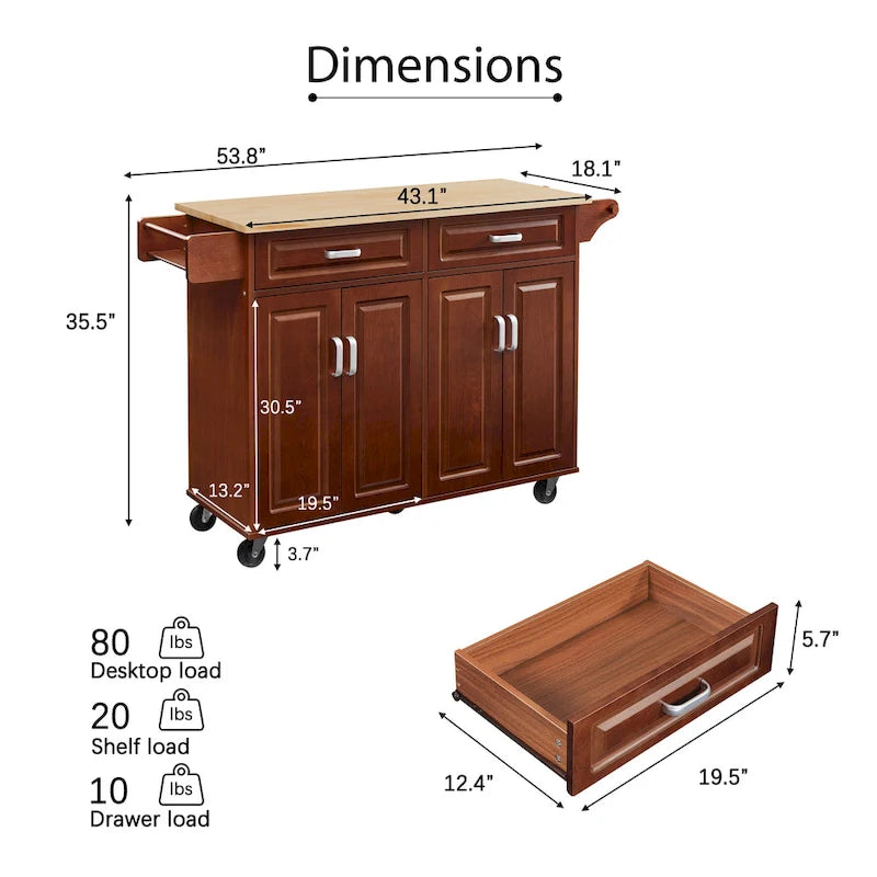 Mobile Kitchen Island Cart With 2 Drawers and 4 Swivel Casters